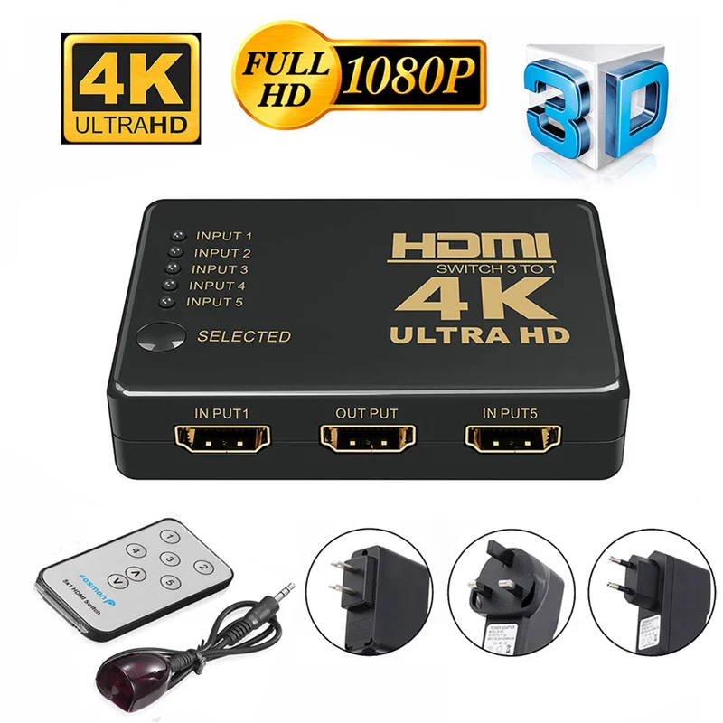 Ultra HD 4K HDMI разветвитель 1X4 порт 3D UHD 1080p 4K* 2K видео HDMI Коммутатор HDMI 1 вход 5 выход концентратор повторитель усилитель