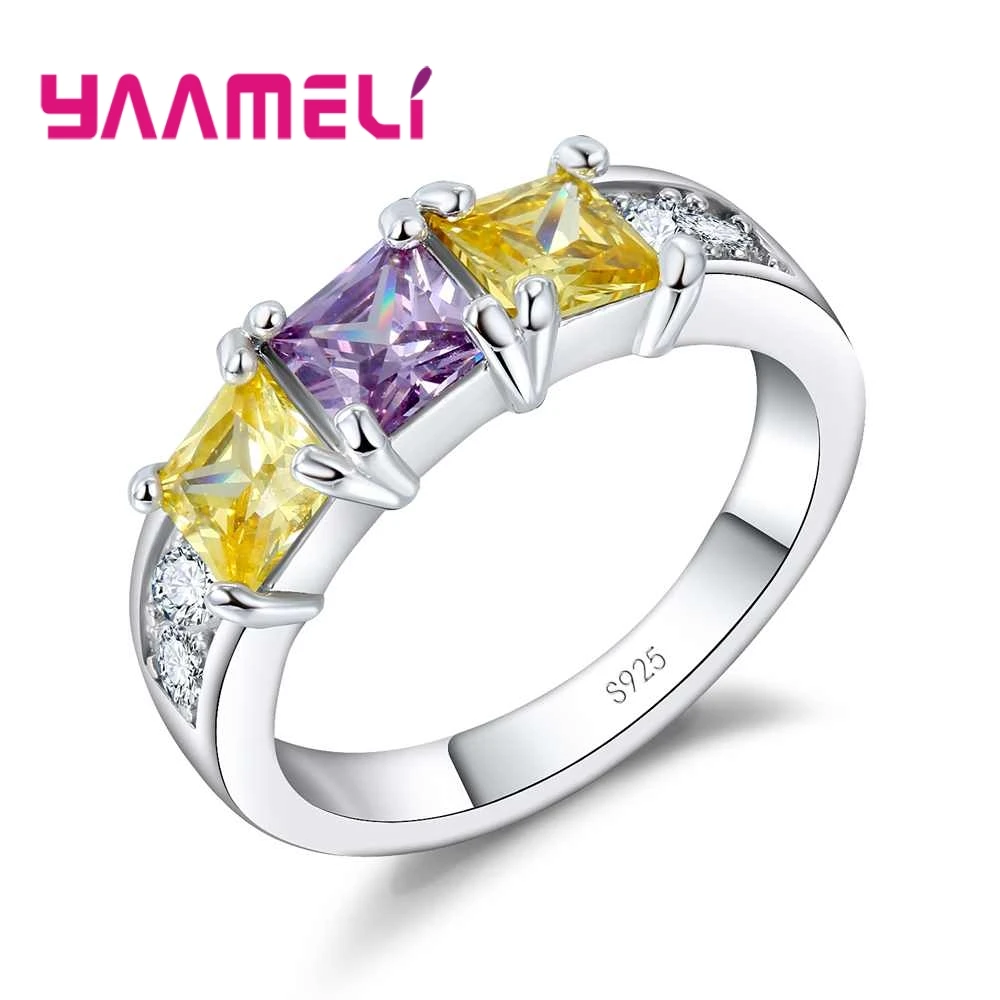 

Simple And Elegant Yellow Purple Square Crystal Stone Ring Wedding Ceremony Jewelry 925 Sterling Silver For Women Gift