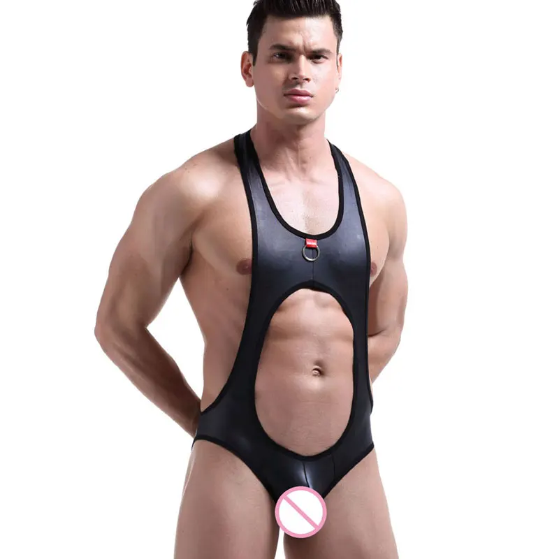 

Sexy Men PU Faux Leather Hollow Out High Cut U Convex Pouch Bodysuit Leotard Jumpsuits Back Strap Gay Wear Bandage Plus Size F27