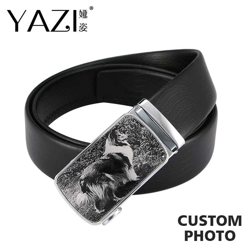 

YAZI Unique Custom Photo Men's Belt Cow Leather Luxury Girdles Brand Fashion Automatic Buckle Black Genuine Leather Mens Belt