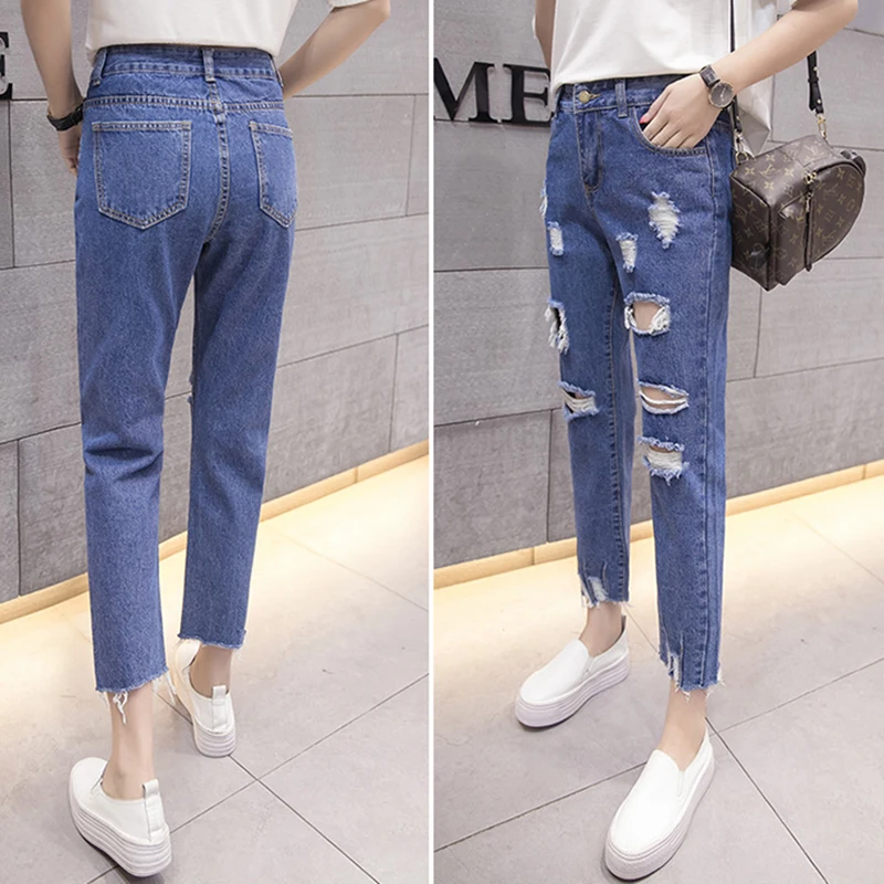 Spring Autumn Women Casual Slim Straight Pants Jeans Female Fashion Loose Hole Ripped Denim Trousers Long Streetwear Bottom | Женская