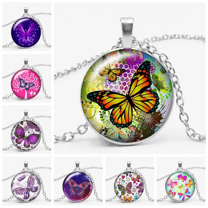 3 Цвет модный очароватеьлный с Фул бабочка время стекло камень ожерелье подарок