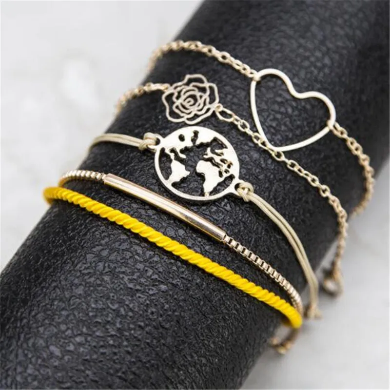 Женский многослойный браслет набор из браслета в виде Розы и сердца 5 шт./компл.