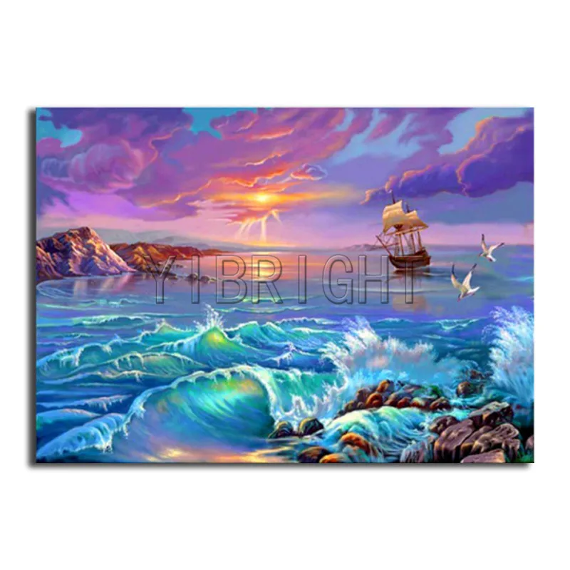 

Полностью круглая алмазная вышивка крестиком, морская волна, полностью квадратная алмазная живопись, корабль, заката, сделай сам, 3D бриллиа...