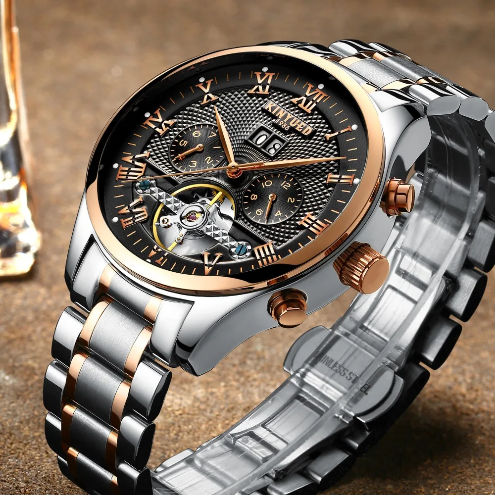 Мужские часы KINYUED Skeleton автоматические водонепроницаемые механические Flying Tourbillon