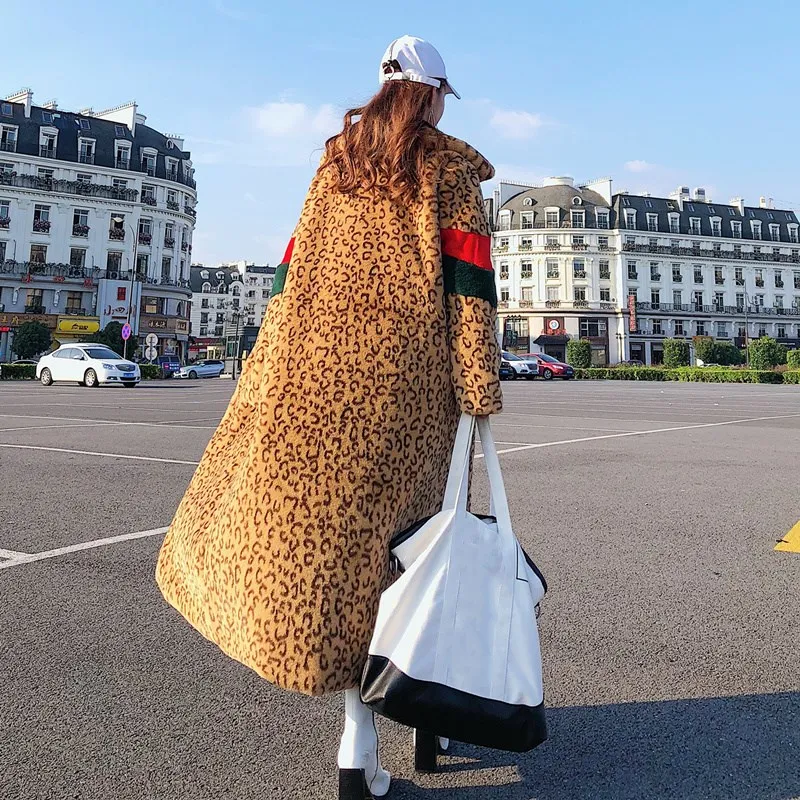WHITNEY WANG осень зима модная уличная одежда винтажный стиль Colros контрастное длинное леопардовое пальто из искусственного меха Женское зимнее пальто