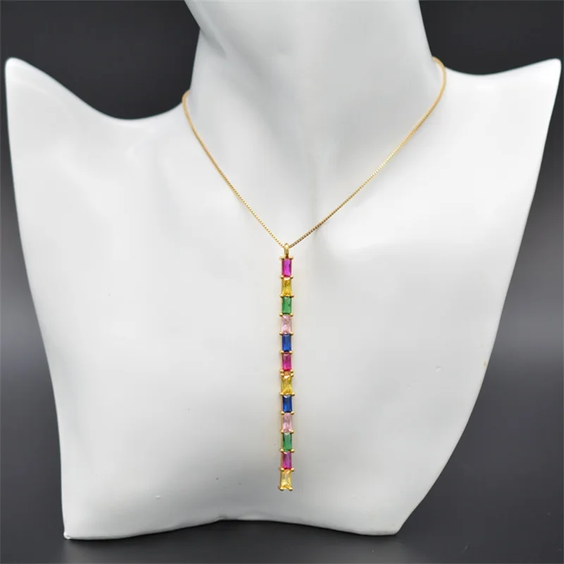 

2021 New Long Strip Pendant Necklace Set In Rectangle AAA Cubic Zirconia Gold fashion necklaces for women jewelry 2021 statement