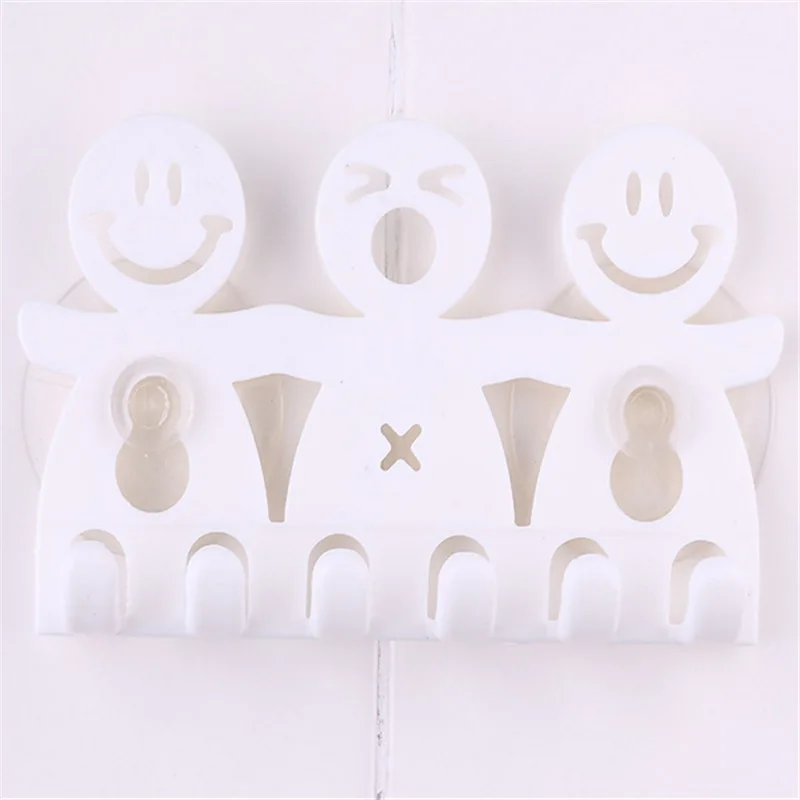 

Cute Smile Design Suction Hooks 5 Position Tooth Brush Holder Bathroom Set White Cartoon Sucker Toothbrush Holder for Home Decor