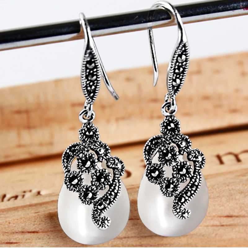 Винтаж длинные Серебряные серьги Для женщин капли воды Гранат 925 Обручение