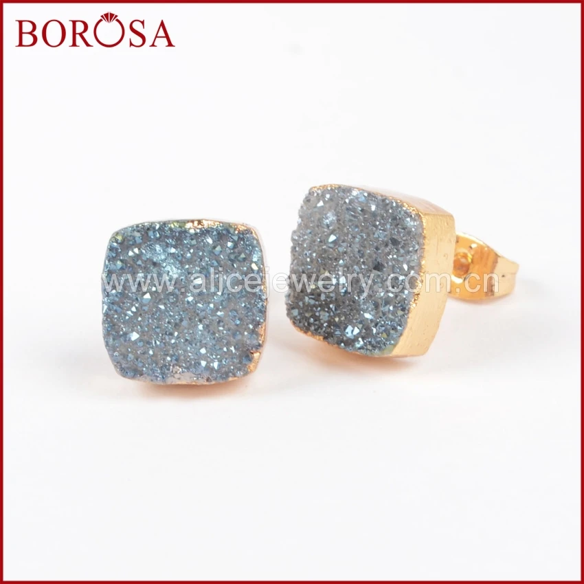 

BOROSA New Arrival! Wholesale Gold Color Square Natural Crystal Titanium Mix Color Druzy Stud Earrings G0914