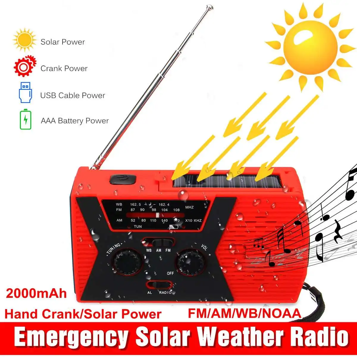 AM/FM/WB радио солнечное зарядное устройство, аварийное самопортативное Ручное Зарядное устройство, погодное зарядное устройство 2000 мАч