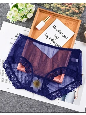 Тёмно-синий Ropa interior femenina Нижнее белье женские трусики размера плюс 4XL мягкие кружевные сетчатые полностью прозрачные и тонкие сексуальные трусики нижнее белье - Цвет: Тёмно-синий