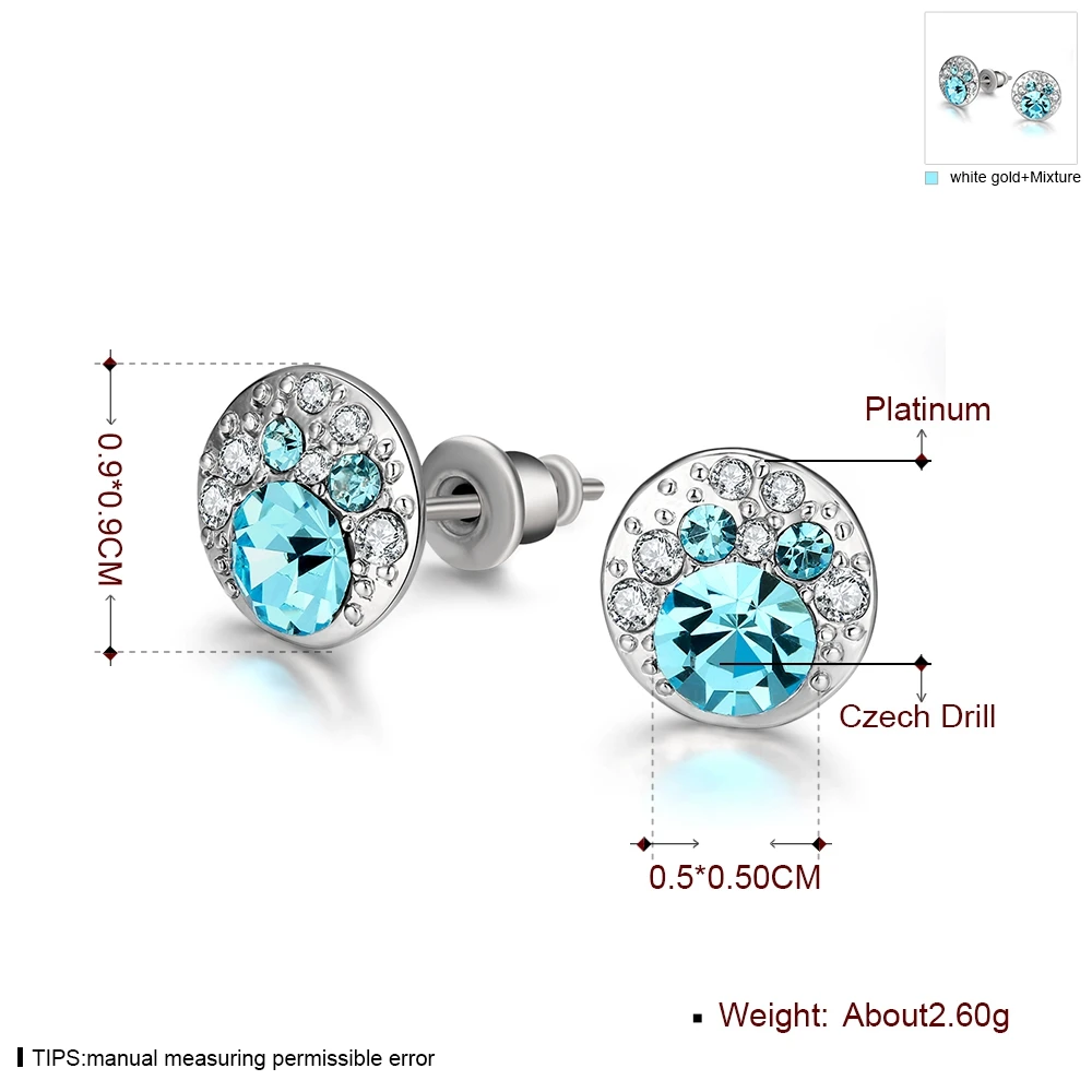 New Blue Crystal Czech Drill Round Stud Earrings For Women Fashion Jewelry Double Sided Gold White Color Hot | Украшения и