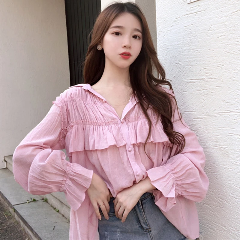 

Модные женские блузки 2019, милая летняя новая модная одежда в Корейском стиле, однотонные Простые Топы с оборками, длинными расклешенными ру...