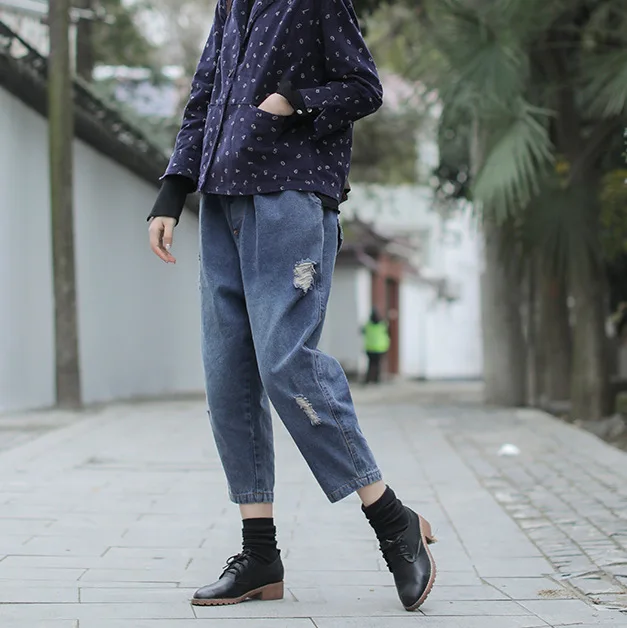 Women Ripped Ankle-Length Jeans Spring Autumn Solid Color Elastic Waist Drawstring Bleached Casual Harem Pants Female Wild Tide |