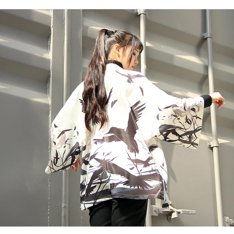Модное кимоно с японским принтом для мужчин и женщин осень 2020 рубашка ворона