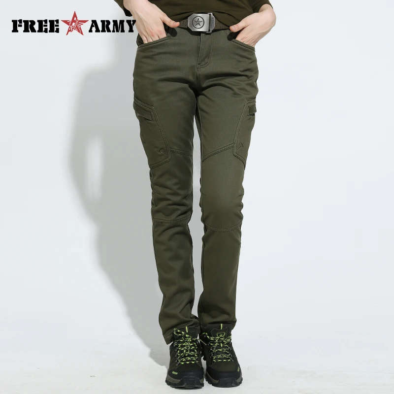 Зимние утолщенные флисовые хлопковые брюки женские модные бархатные военные