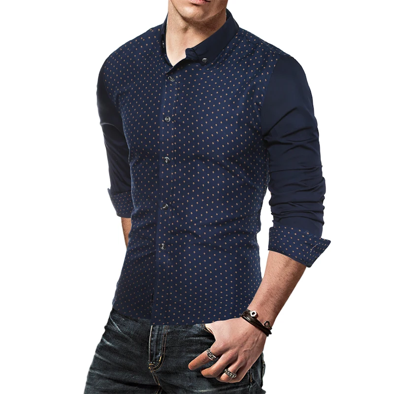 Мужская приталенная рубашка с длинным рукавом Повседневная хлопковая в горошек