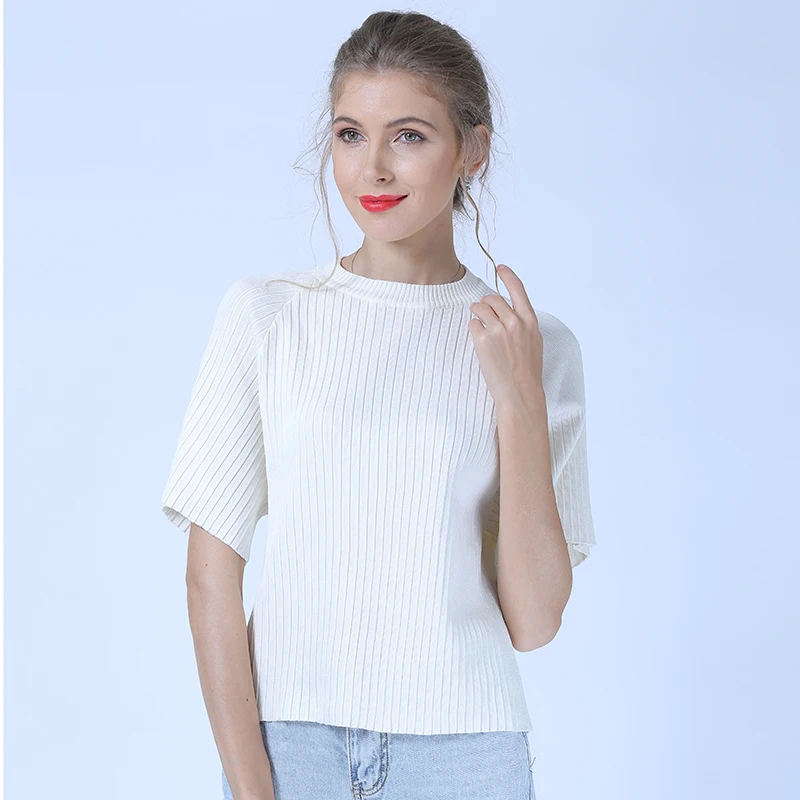 XIKOI Rainbow-colored Vertical Striped Shirt Round Neck Short-sleeved Close-fitting Sweater | Женская одежда