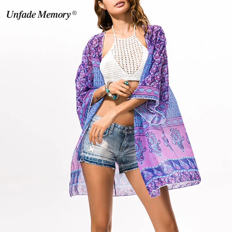 Для женщин шифон рубашки Boho принт летние пляжные Повседневное Свободные пиджаки