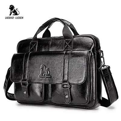 Black LAOSHIZI LUOSEN мужской портфель из натуральной кожи, деловая сумка для компьютера, модные сумки-мессенджеры, мужская сумка на плечо, мужские сумки - Цвет: Black