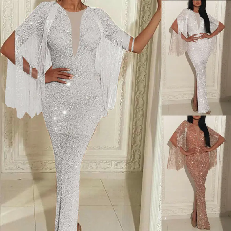 Women V-neck Bodycon Sequins Dresses 2019 New Tassel Bing Slim Glitter Elegant Ladies Party Formal Dress S-XL | Женская одежда