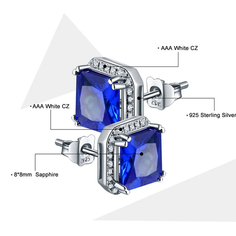 3.8ct камень сапфир серьги-гвоздики для женщин чистый 925 пробы серебро модные ювелирные изделия классические квадратные женские серьги