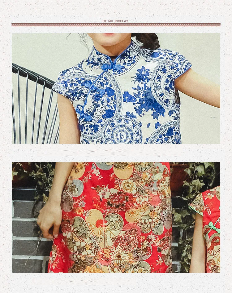 Летнее платье из хлопка для девочек Cheongsam дети Для женщин Платье с цветочным принтом качество платья для мам и дочек Семейные комплекты