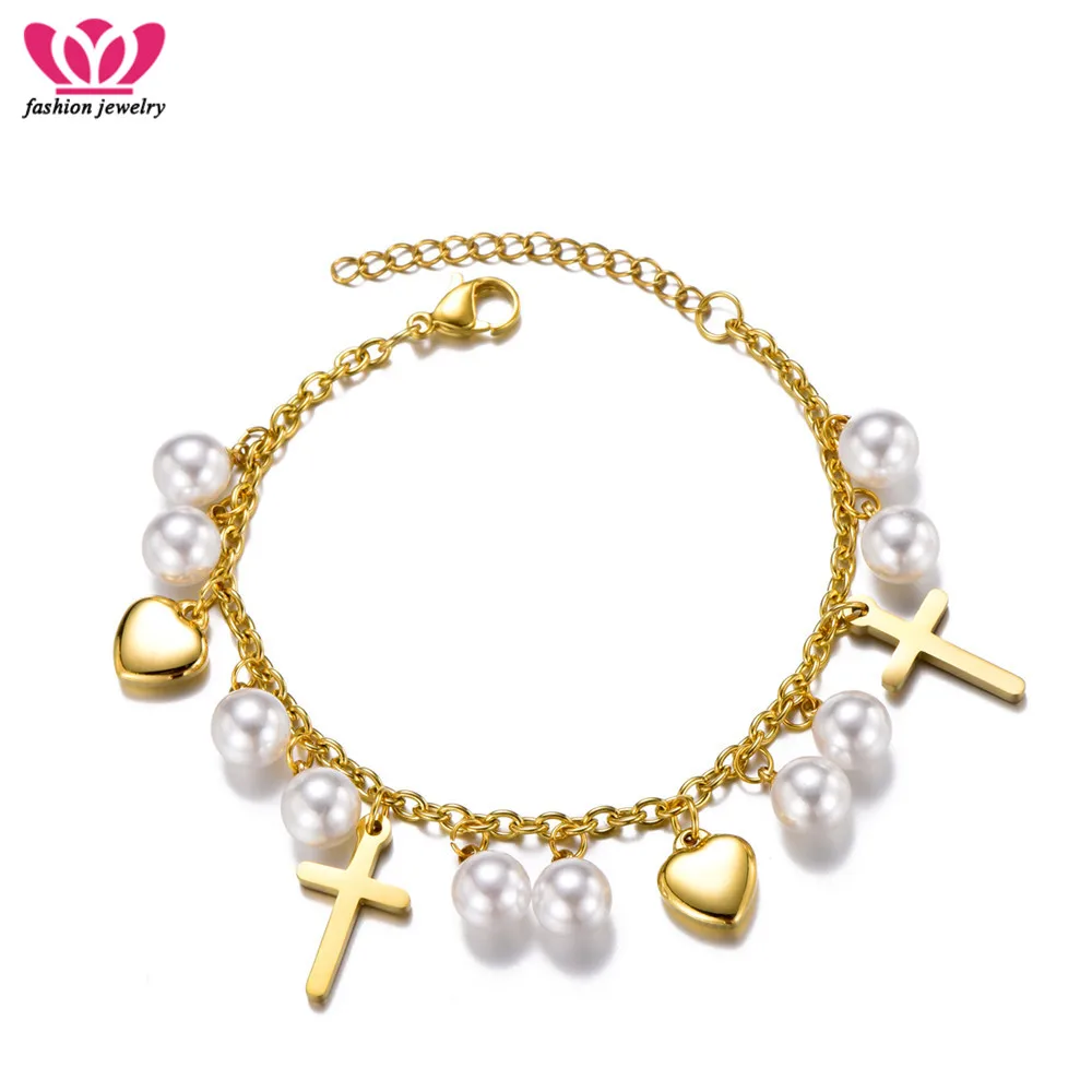

Women Stainless Steel Charm Bracelets Gold Color Simulated Pearl Heart Cross Bracelet For Women Girls Best Friend Jewelry Gifts