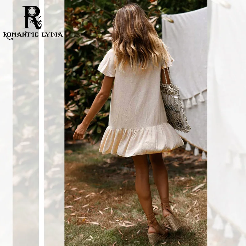 Летнее винтажное льняное платье Coton Button абрикосовое повседневное Короткое мини с