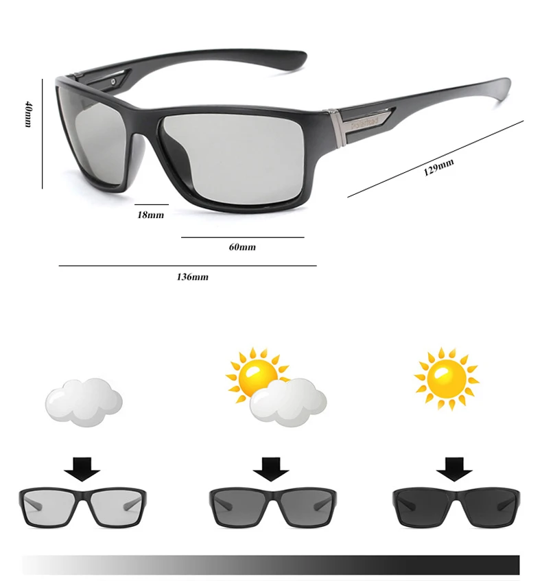 Men Polarized Cycling Sunglasses Photochromic Discoloration Sun Glasses Outdoors Sports Square Driving Accessories
