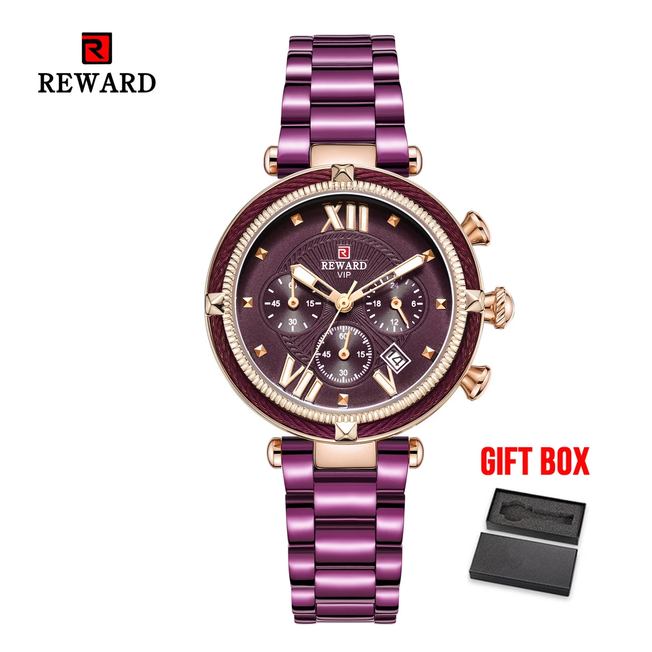 purple w box Роскошные Брендовые женские модные часы, стальные водонепроницаемые спортивные кварцевые часы с хронографом, военные часы, женские часы, Relogio Feminino - Цвет: purple w box