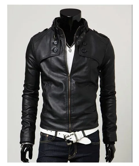 Куртка мужская кожаная с тонким воротником модная короткая из искусственной