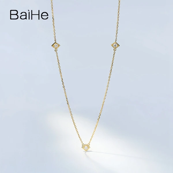 BAIHE Твердое 18 к желтое золото 0.09CT сертифицировано H/SI настоящие натуральные бриллианты круглой огранки для женщин трендовые ювелирные изделия Элегантные ожерелья