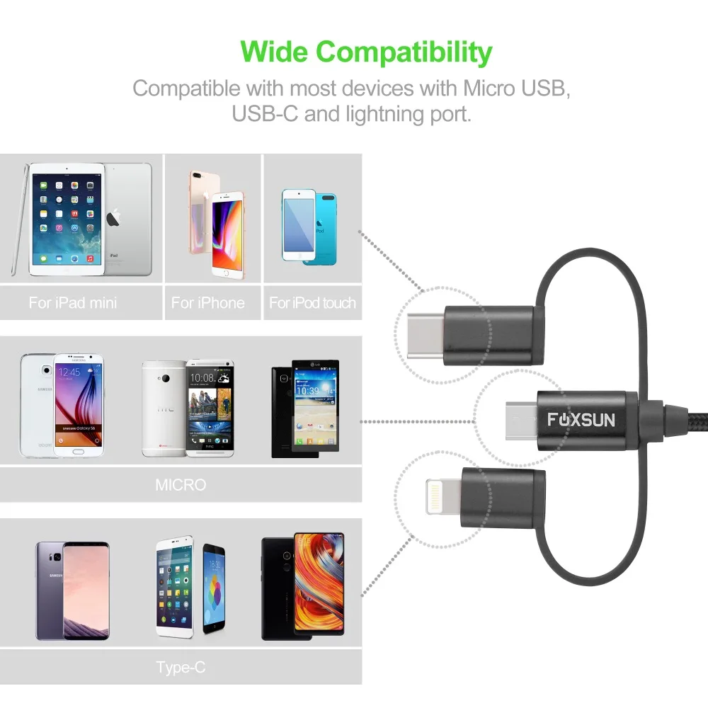 USB кабель 3 в 1 с разъемом Lightning для iPhone 8 7 Micro быстрой зарядки Type C Oneplus 5 Samsung Galaxy S8 LG