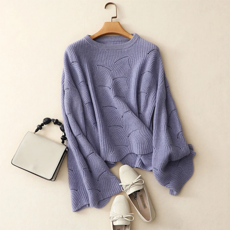 Shuchan New Womens Sweaters For Fall 2018 Women Knitted Sweater Flare Sleeve Hollow Out Female Knitting Pullovers Loose | Женская одежда