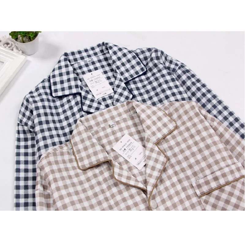 Пара пижам набор марлевые хлопковые пижамы клетчатые женские и мужские полный