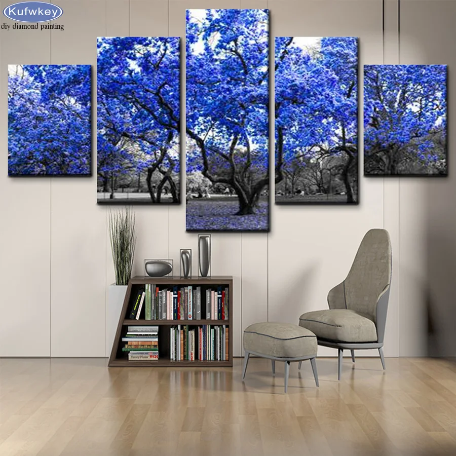 

DIY Diamond Painting Full Square Round Blue tree forest Landscape 5pcs Diamond Mosaic Multi-picture Cross Stitch Home Decoration