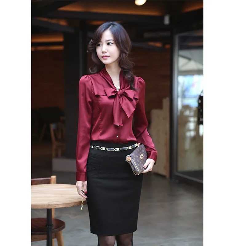 Мода Женский Элегантный Галстук-Бабочку Красный Цвет Блузки Шифон Тонкий