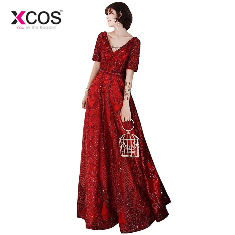 XCOS Элегантный vestido длинная Аппликация из бисера длинное ТРАПЕЦИЕВИДНОЕ ПЛАТЬЕ