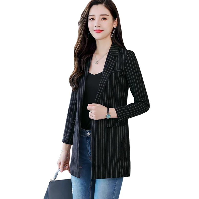 

Bri Spring and Autumn New Women's Striped Small Suit Women's Jacket Long Sleeve Medium Long Retro Strip Striped suit female coat