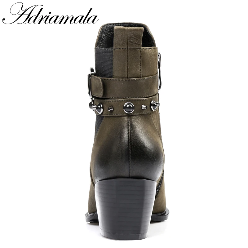 2017 острый носок толстый каблук Ботильоны из натуральной кожи для Осенне-зимняя