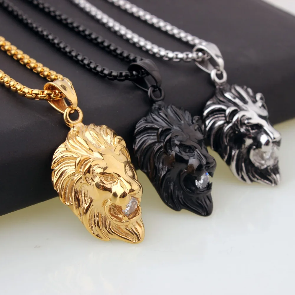 Charming New Stainless Steel Silver Color/Gold/Black Lion Shiny Crystal Men's Pendant Unisex Necklace Jewelry Christmas Gift | Украшения