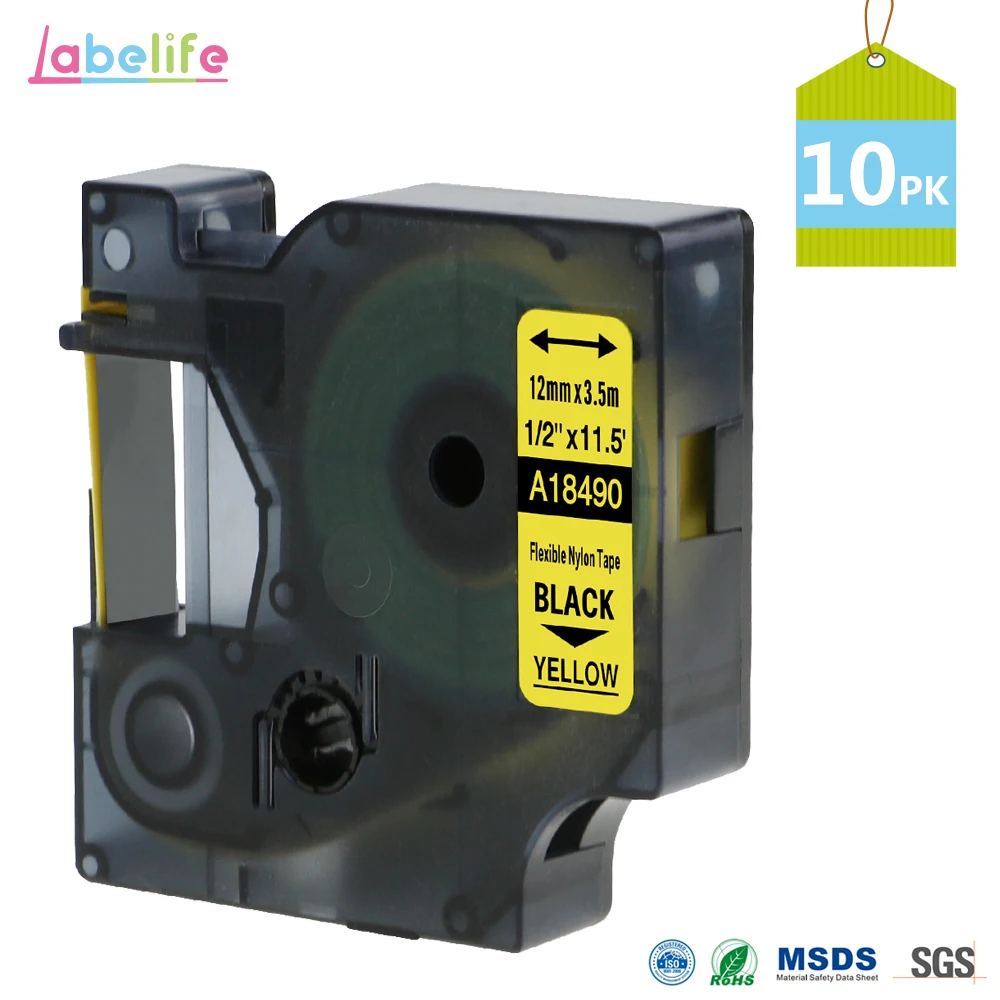10 упаковок 18490 Rhino 12 мм гибкая нейлоновая этикетка для DYMO S0718080 черная на желтой