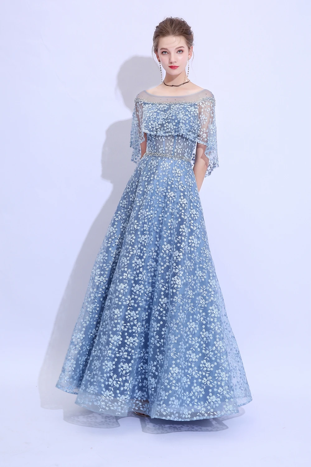 Женское вечернее платье SSYFashion серое/синее кружевное длиной до пола с вышивкой и