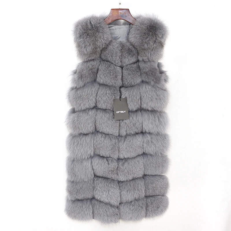 grey 90cm OFTBUY Женский Длинный жилет из натурального Лисьего меха на весну, зиму и осень, женский жилет без рукавов из натурального Лисьего меха, уличная одежда, толстый теплый - Цвет: grey 90cm
