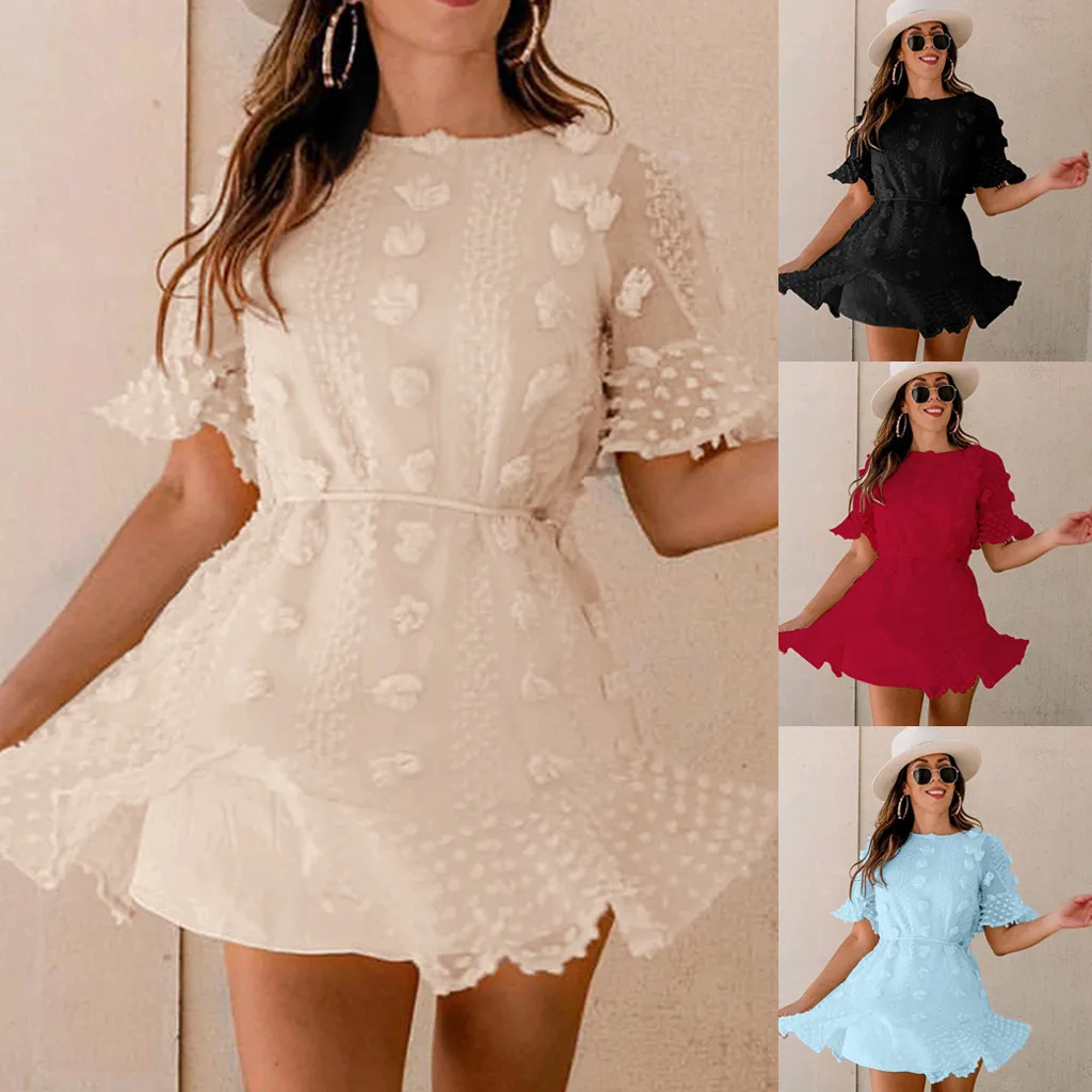 Женское платье с коротким рукавом винтажное мини цветочным кружевом и оборками