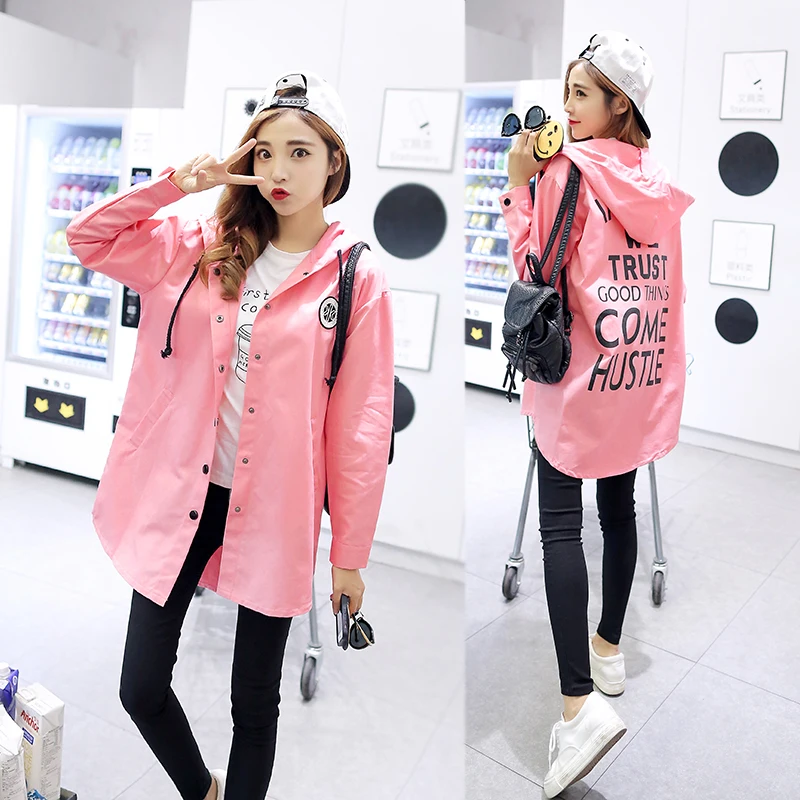 2018 autumn winter women trench coats large size fashion wild long casual loose coat printing letters Hooded Trench Women Coats | Женская
