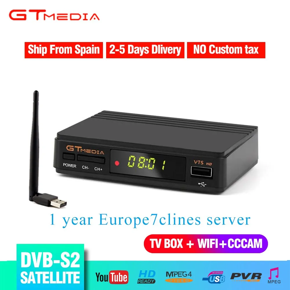 Бесплатно 1 год Европа 7 линий+ DVB S2 V7S HD 1080p спутниковый ТВ приемник Поддержка YouTube CCCAM DVB S2 V7S Freesat HD tv Box+ USB wifi