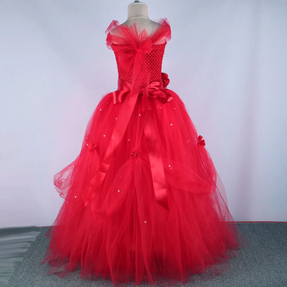 Красное платье из тюля с цветочным узором для девочек Платье без рукавов